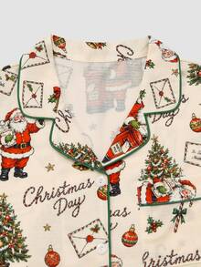 Chillnights Plus Size Women's Christmas Print Santa Claus Christmas Tree Casual Lapel Long Sleeve Long Pants Pajama Set - Apricot - View 3