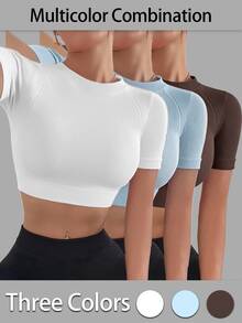 SHEIN Velisys Women's Solid Color Raglan Short Sleeve Cropped Sports T-Shirt - Multicolor - View 1