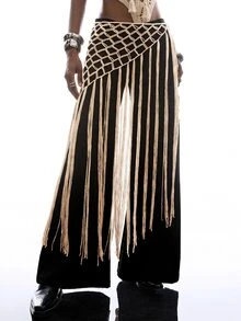 LYSMO Women's Solid Color Tassel Hem Hollow Knit Midi Skirt - Apricot - View 1