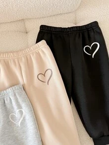 SHEIN 女嬰秋冬可愛 3 件組愛心圖案長褲 - 淺灰色 - 查看 4