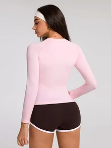 Dewbera Dewbera Women's Solid Color Raglan Long Sleeve Casual Fitness Sports T-Shirt - Pink - View 2