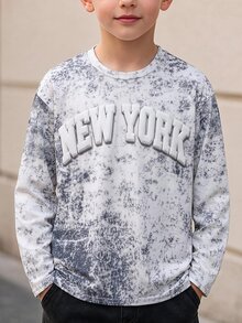 SHEIN 兒童青少年男孩字母印花水洗做舊長袖休閒大學風舒適時尚極簡百搭柔軟舒適適合日常穿著校園出遊運動假期派對 - 藍色 - 查看 5