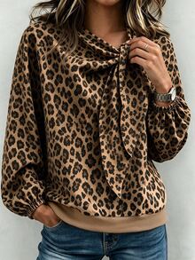 Balvessa Women's Leopard Print Knotted Neckline Long Sleeve Fashion Sweatshirt - Brown - View 3