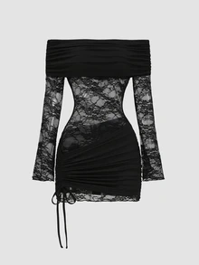 Sweetra Y2K Sexy Off-Shoulder Lace Patchwork Pleated Elegant Party Commute Versatile Dress - Black - View 4