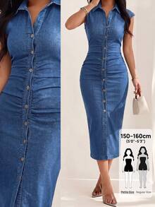 SHEIN PETITE 女款百褶休閒日常穿著夏季牛仔洋裝秋季女裝 - 中等水洗藍 - 查看 1