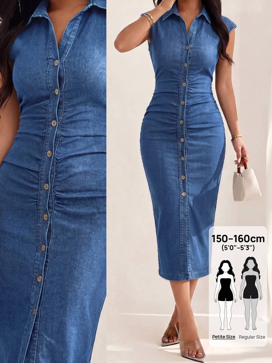 SHEIN PETITE 女款百褶休閒日常穿著夏季牛仔洋裝秋季女裝 - 中等水洗藍 - 查看 1