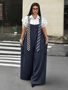 Maweii Plus Size Women's Striped Adjustable Eyelet Buckle Design Wide Leg Overalls - Navy Blue - View 3