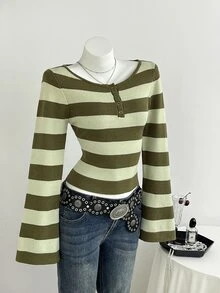 Elamini Women's Autumn/Winter Striped Colorblock Button Placket Fitted Flared Sleeve Casual Knit Sweater - Army Green - View 7