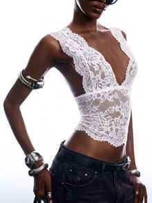 LYSMO Women's Casual Comfortable White Lace V-Neck Fitted Tank Top - White - View 7