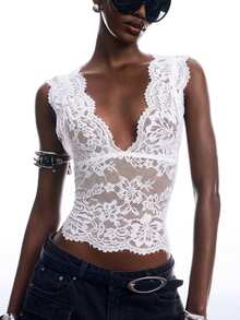 LYSMO Women's Casual Comfortable White Lace V-Neck Fitted Tank Top - White - View 1