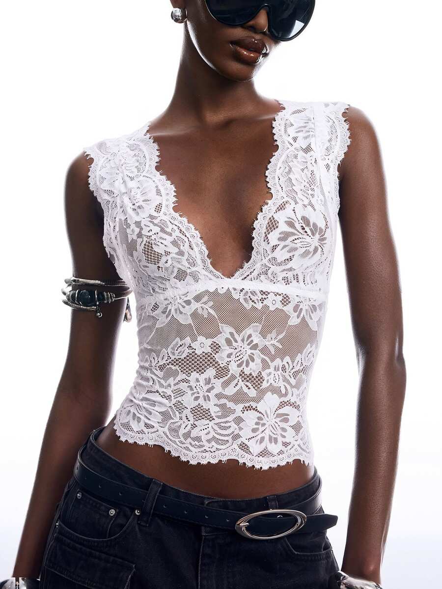 LYSMO Women's Casual Comfortable White Lace V-Neck Fitted Tank Top - White - View 1