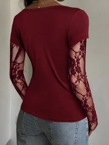 SHEIN EZwear 女款休閒黑色針織蕾絲拼接二合一長袖上衣，夏季 - 酒紅色 - 查看 2