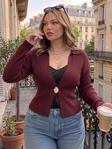 SHEIN MOD Plus Size Women's Long Sleeve Metal Single Button Casual Knit Cardigan - Brown - View 7