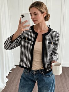 Louniche Elegant Casual Button Black & White Houndstooth Women's Jacket - Black and White - View 1