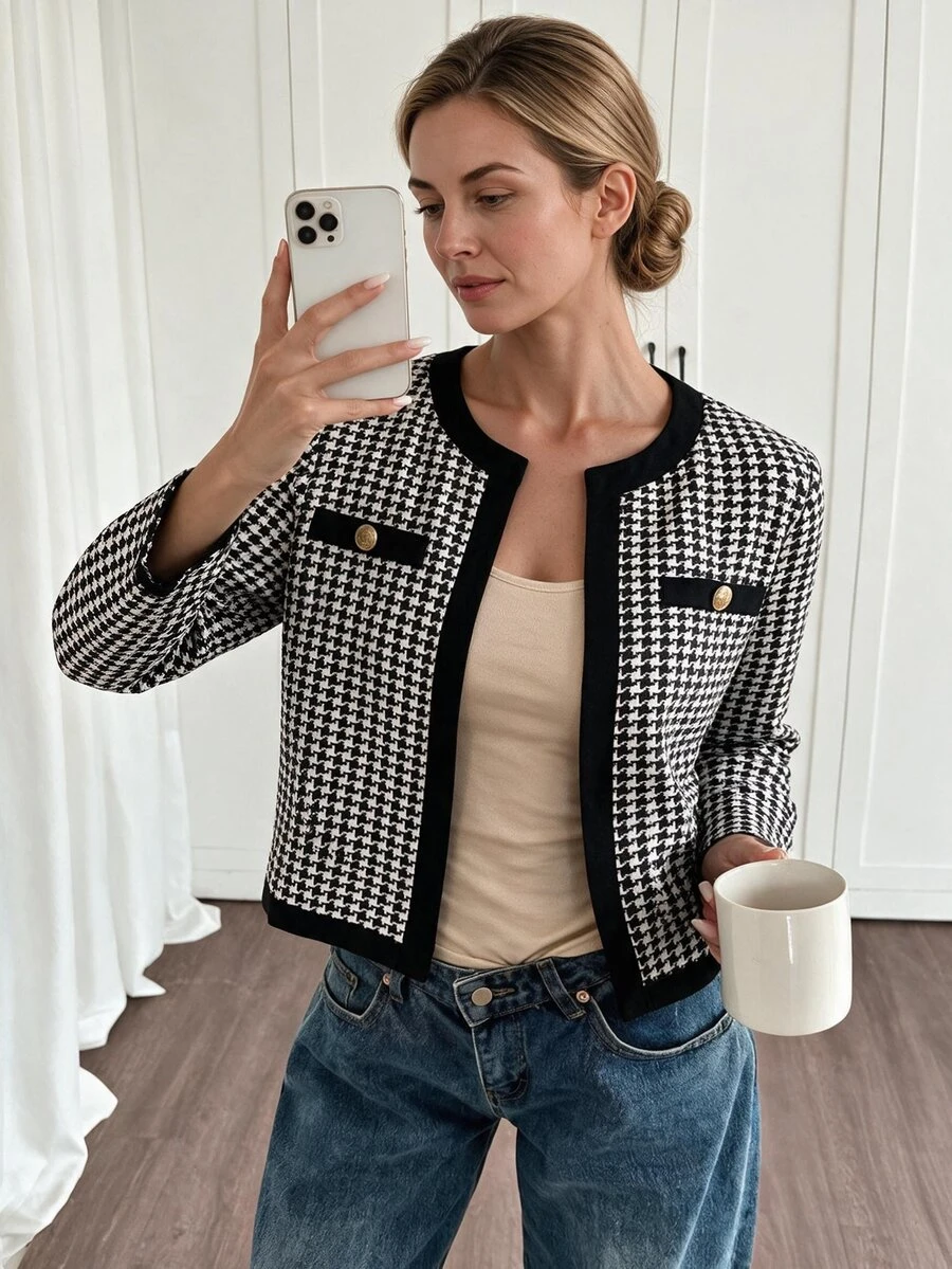 Louniche Elegant Casual Button Black & White Houndstooth Women's Jacket - Black and White - View 1