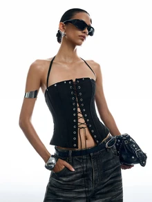 LYSMO Women's Solid Color Eyelet Tie Design Sexy Halter Neck Tank Top Halloween Club Night Out Black - Black - View 1