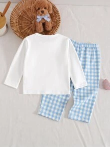 SHEIN طقم ملابس للبنات الصغيرات بتصميم جرو لطيف، ملابس علوية علوية مطاطية & بنطلون كاجوال مربعات بساق مستقيمة، مناسب للشتاء - ازرق وابيض - مشاهدة 2
