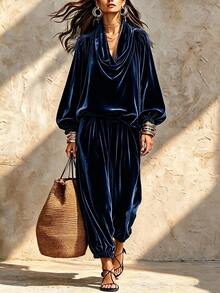 LUMIGAL Loose Cowl Neck Lantern Sleeve Top With Draped Elastic Waist Wide Leg Harem Pants, Relaxed Lazy Two Pieces Set - Black - View 1