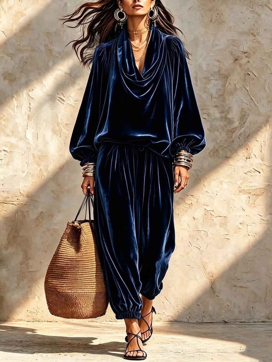 LUMIGAL Loose Cowl Neck Lantern Sleeve Top With Draped Elastic Waist Wide Leg Harem Pants, Relaxed Lazy Two Pieces Set - Black - View 1