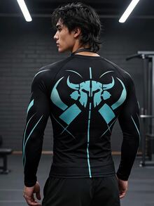 GymBeat تي شيرت رجالي بطبعة جرافيك تقنية بقصة ضيقة وأكمام طويلة، قميص رياضي للتمارين الخارجية والجري والتدريب - الأسود - مشاهدة 2
