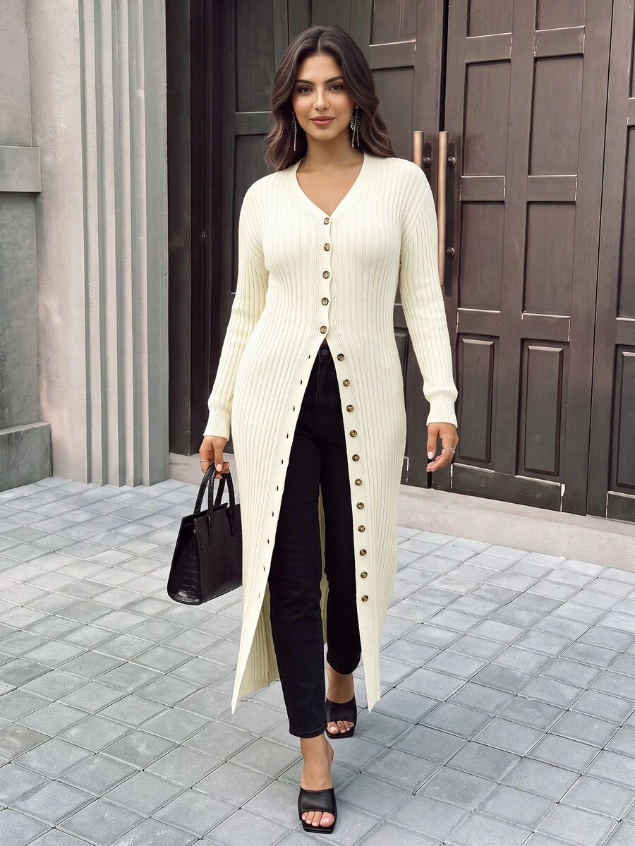 Easura Plus Size V-Neck Button Lantern Sleeve Design Slim Fit Knit Dress, Comfortable & Elegant For Commuting - Apricot - View 1