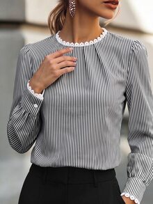 RosyDaze 女款優雅條紋領蕾絲拼接長袖襯衫，適合日常通勤、約會、居家穿著 - 黑色 - 查看 9