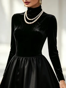 Balvessa Women's Elegant Solid Color Velvet Splice Satin Waist A-Line Dress Fall/Winter Multiple Occasions - Black - View 7