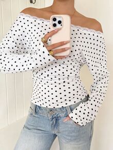 SHEIN EZwear 女款波點印花蕾絲拼接露肩上衣 - 白色 - 查看 6