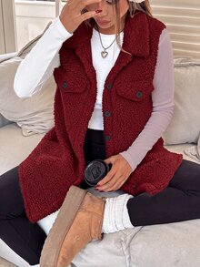 SHEIN EZwear 女款酒紅色法蘭絨外套，適合秋冬穿著，翻領設計，經典版型，長度至 - 酒紅色 - 查看 6