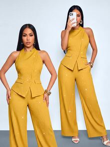 SOLERSUN Women's Autumn Casual Commute Textured Elastic Sequin Fabric Asymmetrical Collar Button Pocket Flap Decor Sleeveless Tank Top Top - Ginger - View 7