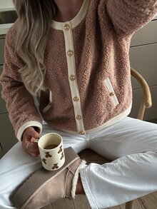Louniche Women's Autumn/Winter Casual Slouchy Lambswool & Textured Fabric Patchwork Drop Shoulder Round Neck Regular Jacket, Suitable For Home, Outings, Walking And Shopping - Khaki - View 5