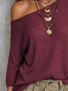 LUMIGAL Women's Loose Slouchy Waffle Knit Sweater With Asymmetric Shoulder Neckline, Raglan Dropped Shoulders And 5-Point Sleeves - Burgundy - View 6