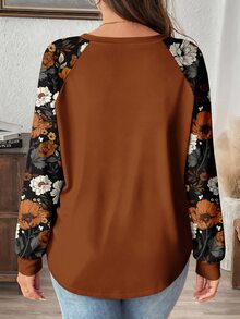 SHEIN LUNE Plus Size Women's Casual Raglan Sleeve Crew Neck Loose Fit T-Shirt Suitable For Spring And Autumn - Multicolor - View 2