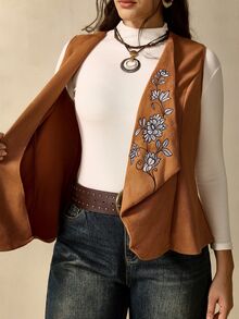 Nubod Plus Size Brown Suede Printed Lapel Sleeveless Bohemian Nomad Style Elegant Country Vest Jacket - Brown - View 6