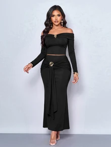 SOLERSUN Women's This Two Pieces Set, Featuring A Textured Knit Off-The-Shoulder Long-Sleeved Top And A Fitted, Flowing Maxi Skirt - Black - View 7