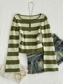 Elamini Women's Autumn/Winter Striped Colorblock Button Placket Fitted Flared Sleeve Casual Knit Sweater - Army Green - View 4