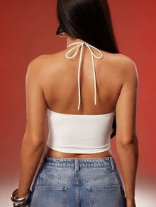 Denimoi Women's Solid Color Cropped Halter Neck Tie Top, Casual - White - View 5