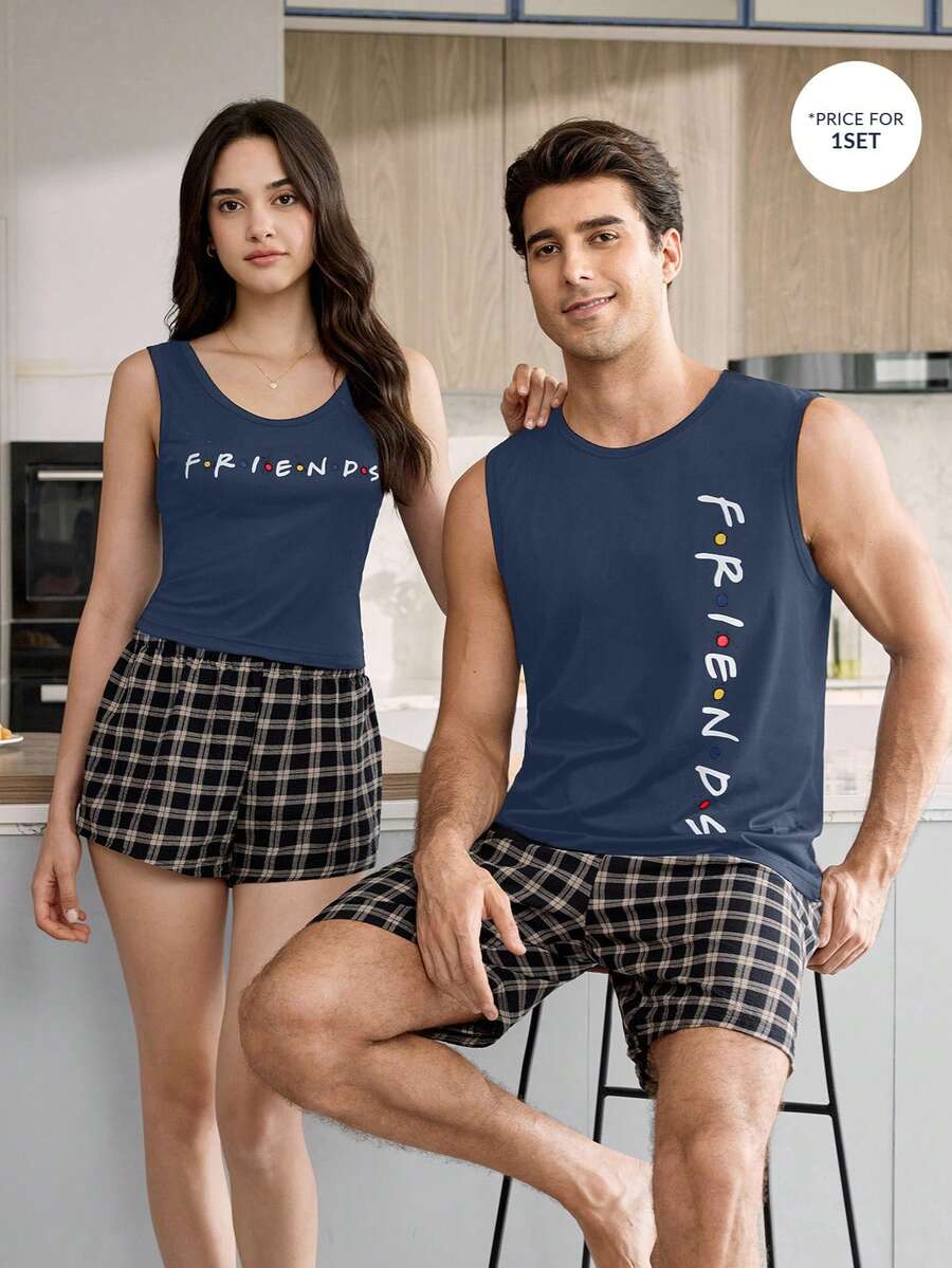CoupledUp FRIENDS X SHEIN Men's American Vintage Letter Print Tank Top And Plaid Shorts Pajama Set - Blue - View 1