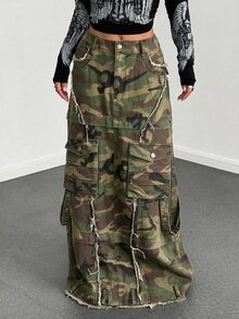 StreetHx Plus Size Women's Camouflage Cargo Pocket Frayed Hem Extra Long Denim Skirt - Multicolor - View 3