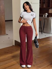 SHEIN EZwear Drawstring Waist Flare Leg Sweatpants - Burgundy - View 4