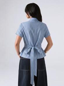 LYSMO 女款休閒舒適藍白襯衫 - 藍色 - 查看 2