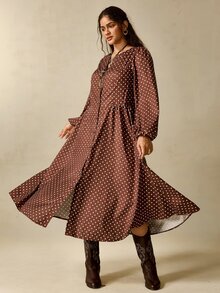 Nubod 女款大尺碼波點燈籠袖單排扣優雅連身裙 秋季 - 咖啡棕 - 查看 5