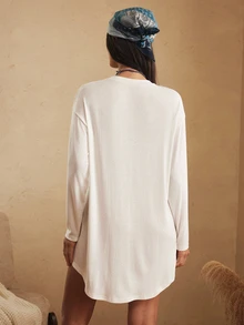 Lullawish Women's Knitted Jacquard Long Sleeve Nightgown - White - View 2
