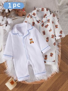 SHEIN Vintaside Kids 秋冬季毛圈布保暖內裡新生兒連身衣，可愛精緻熊口袋刺繡，時尚藍色對比滾邊，柔軟舒適毛圈布長袖居家休閒連身衣 - 白色 - 查看 8
