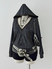 Sunspun Plus Size Women's Casual Cinched Waist Hooded T-Shirt, Distressed Patchwork Rivet Webbing Long Sleeve Tee - Black - View 1