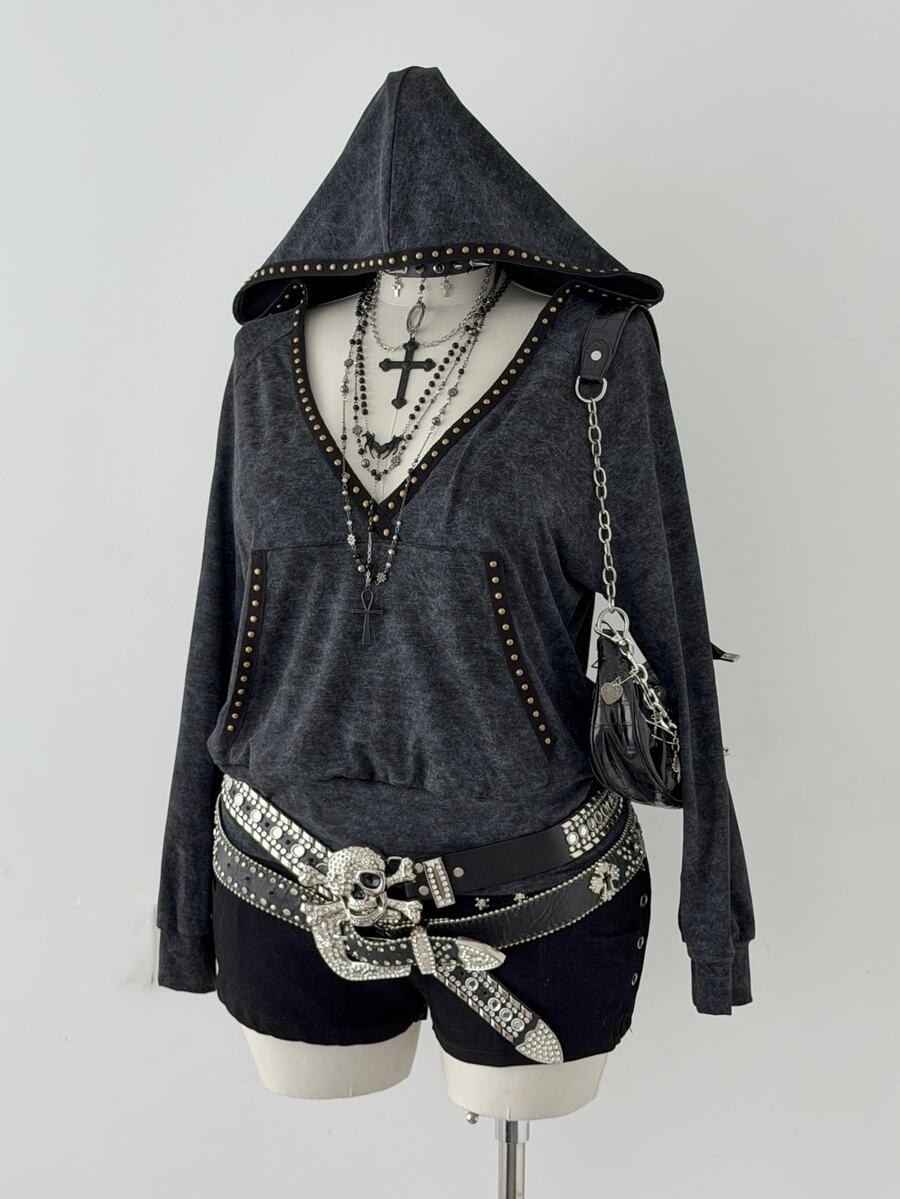 Sunspun Plus Size Women's Casual Cinched Waist Hooded T-Shirt, Distressed Patchwork Rivet Webbing Long Sleeve Tee - Black - View 1