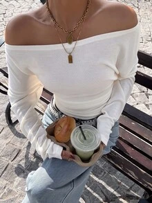 Muchica White Knitted Off-Shoulder Fitted T-Shirt - White - View 4
