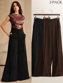 Anewsta Women's Autumn/Winter Solid Color Premium V-Shape High Waist Fashion Pocket Flared Long Pants - Multicolor - View 1