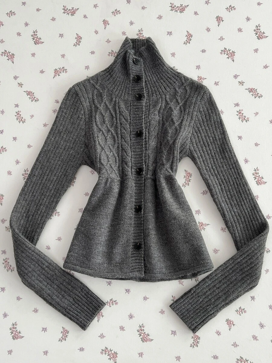 Elamini Women's Cable Knit Long Sleeve Single-Breasted Casual Cardigan - Grey - View 1