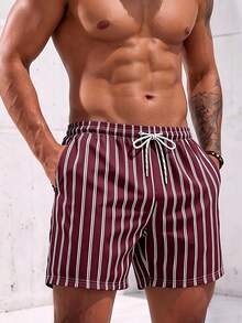 Manfinity KASUA Men's Vertical Striped Drawstring Waist Pocket Beach Shorts - Burgundy - View 3